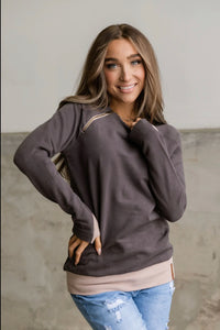 Side Zip Pullover Charcoal & Dusty Mauve - Ampersand Ave